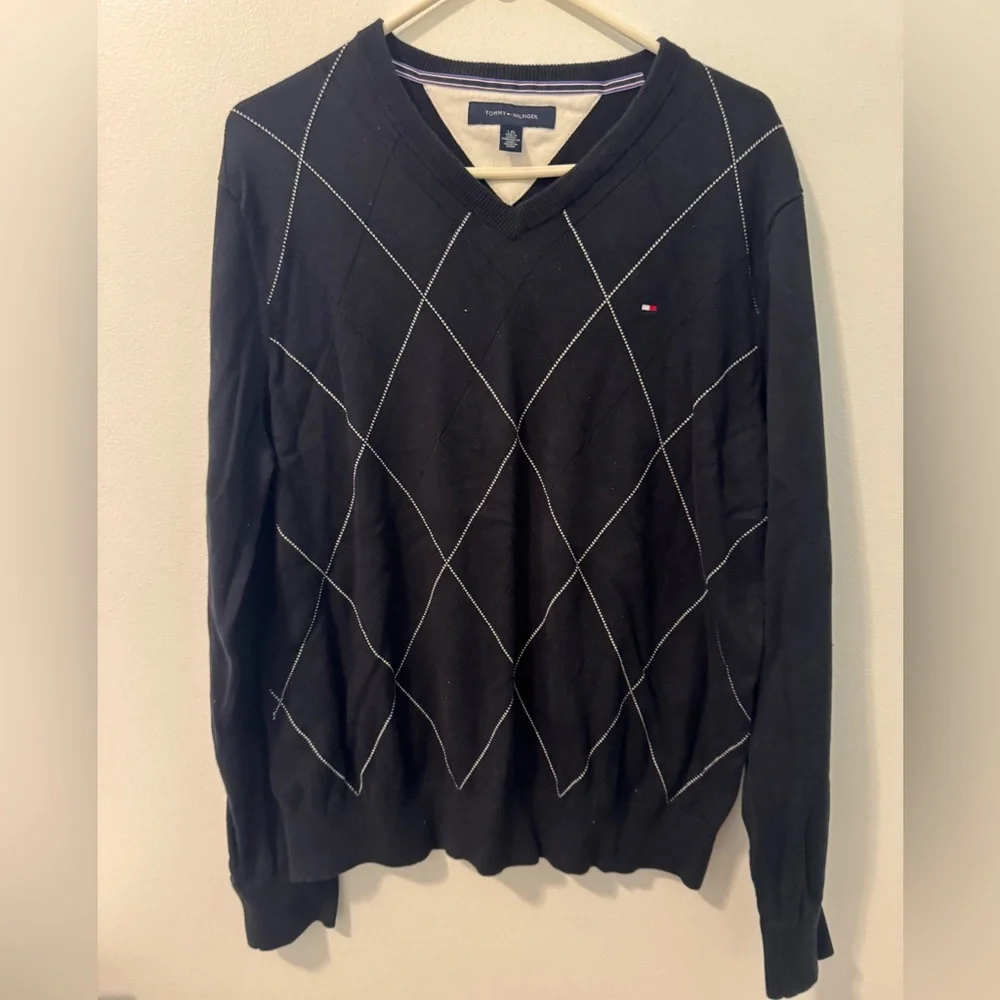 Tommy Hilfiger Argyle V-Neck Sweater Blue Pullover Size Large